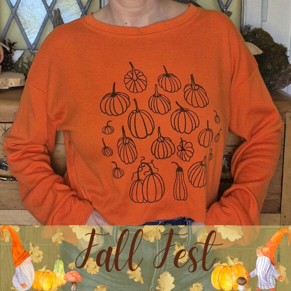 🍂 20% OFF - Orange Pumpkin Graphic Long Sleeve T-Shirt Crop Top - Picture 1 of 7
